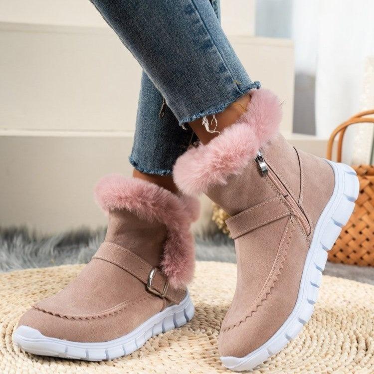 Einfarbige Plüschstiefeletten mit Schnallendesign plus Samt flache Schuhe für Frauen