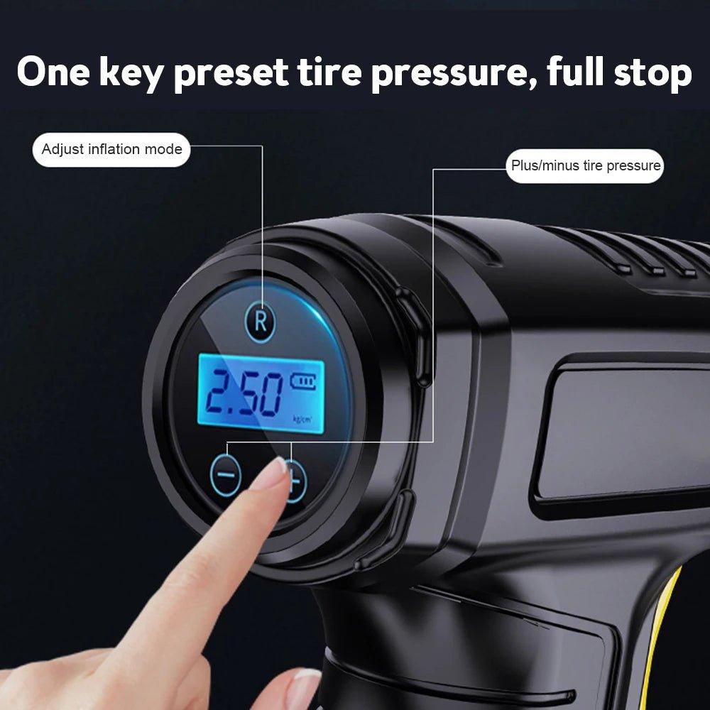 120W Wireless/Wired Portable Digital Tire Inflator – Rechargeable Air Compressor with LED Light for Car, Motorcycle, and Bicycle - ESTEEMSO.COM