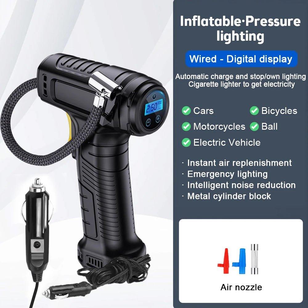 120W Wireless/Wired Portable Digital Tire Inflator – Rechargeable Air Compressor with LED Light for Car, Motorcycle, and Bicycle - ESTEEMSO.COM