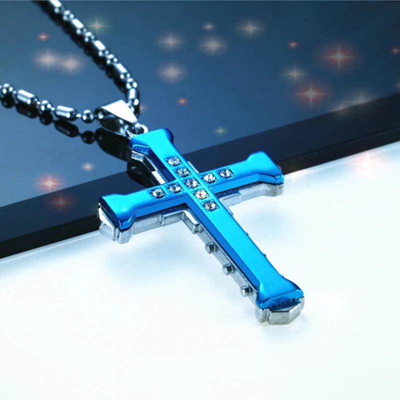 Männliche Kristall Kreuz Jesus Anhänger Gold/Schwarz/Blau Farbe Zirkonia Halskette Edelstahl Schmuck - etsy-de.de