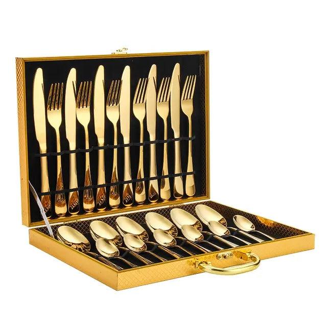 Set Edelstahl Western Geschirr Haushalts Messer, Gabel, Löffel, Tee Löffel mit Holzkiste