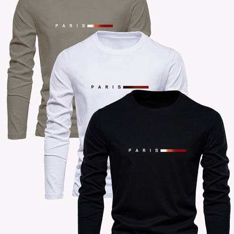 3pcs Mens 100% Cotton Long Sleeve T-Shirts - Breathable, Casual Crew Neck with Paris Print Design - ESTEEMSO.COM