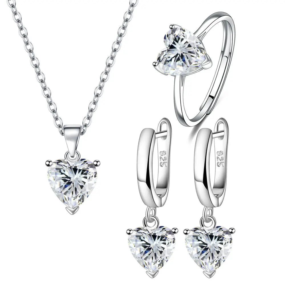 925 Sterling Silver Jewelry Sets For Women Heart Zircon Ring Earrings Necklace - ESTEEMSO.COM