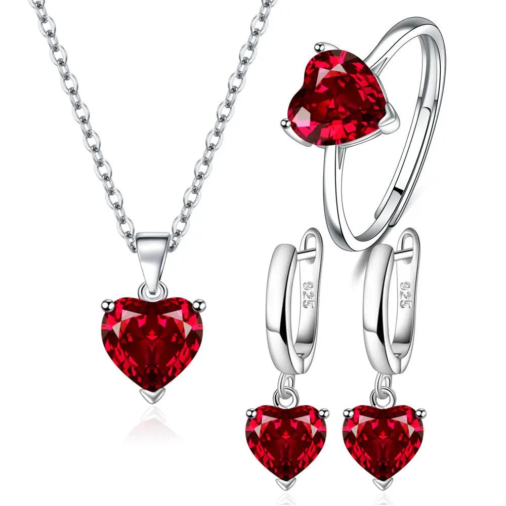 925 Sterling Silver Jewelry Sets For Women Heart Zircon Ring Earrings Necklace - ESTEEMSO.COM