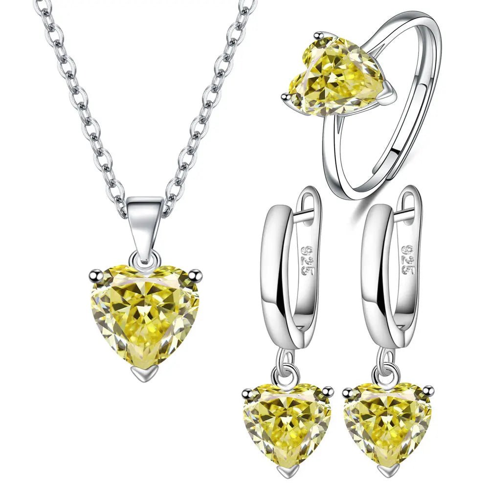 925 Sterling Silver Jewelry Sets For Women Heart Zircon Ring Earrings Necklace - ESTEEMSO.COM