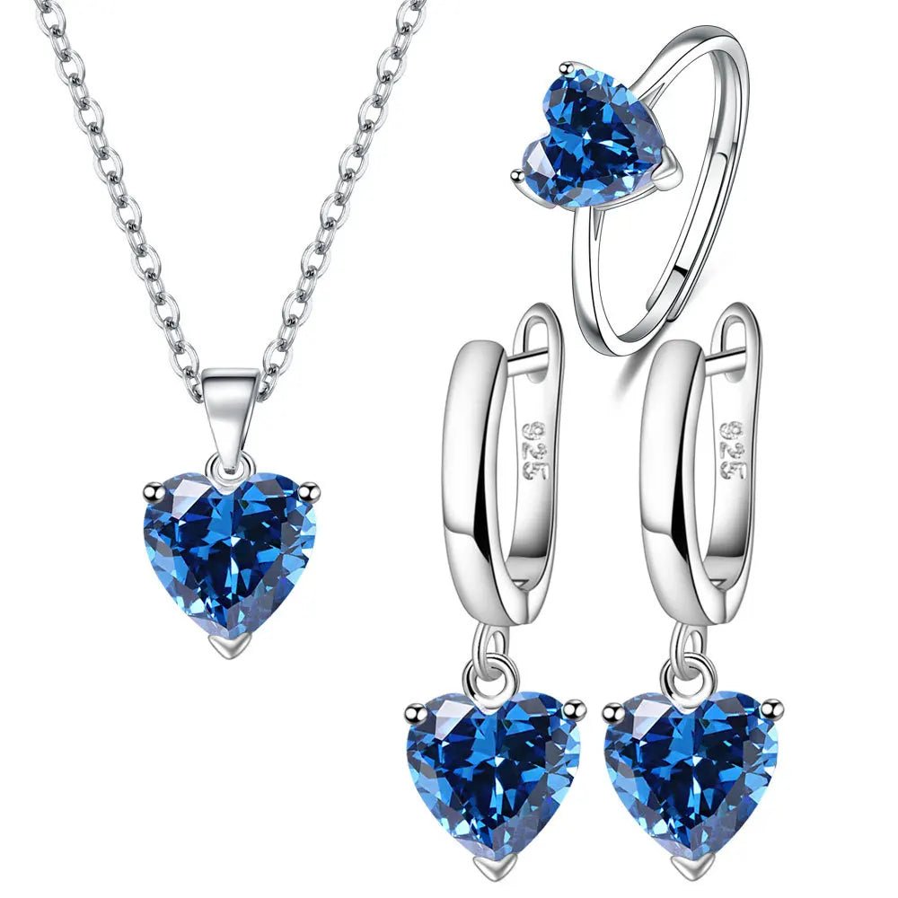 925 Sterling Silver Jewelry Sets For Women Heart Zircon Ring Earrings Necklace - ESTEEMSO.COM