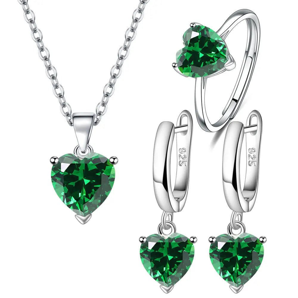 925 Sterling Silver Jewelry Sets For Women Heart Zircon Ring Earrings Necklace - ESTEEMSO.COM