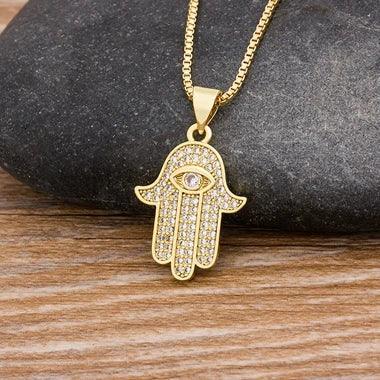 Frauen Männer Hamsa Hand Halskette Gold Farbe Kupfer Zirkon Anhänger