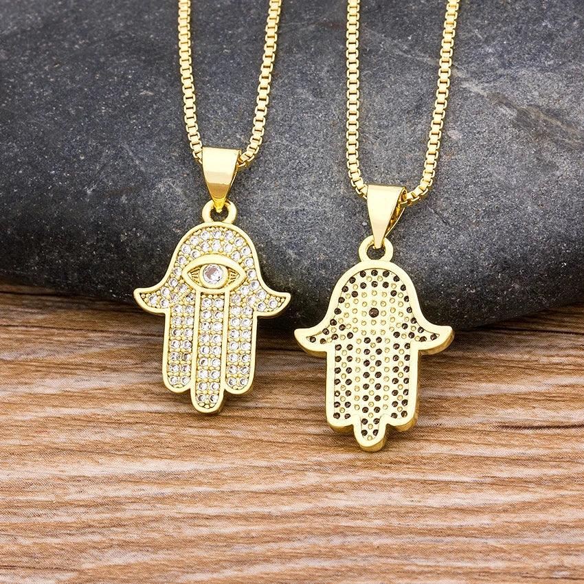 Frauen Männer Hamsa Hand Halskette Gold Farbe Kupfer Zirkon Anhänger