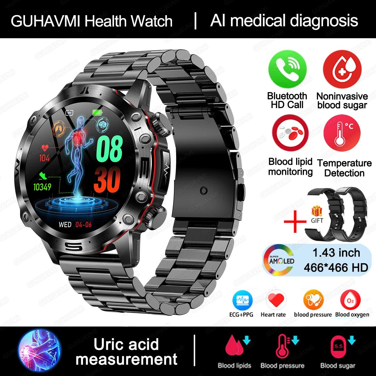 AI Medical Diagnosis Smart Watch Bluetooth Call Blood Sugar Blood - ESTEEMSO.COM