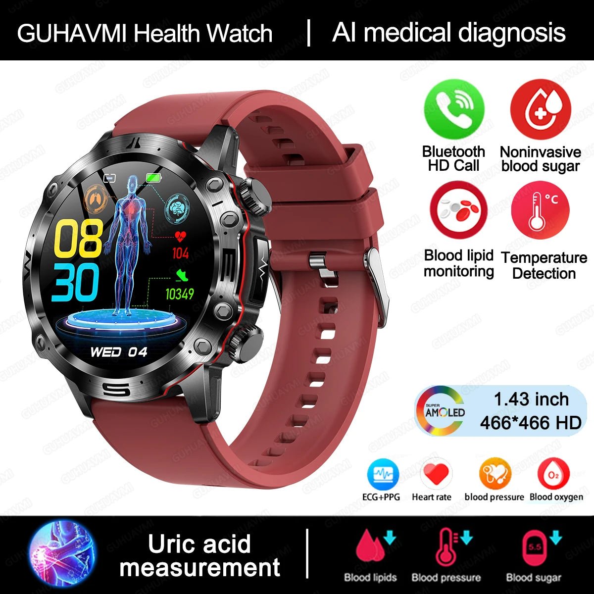 AI Medical Diagnosis Smart Watch Bluetooth Call Blood Sugar Blood - ESTEEMSO.COM