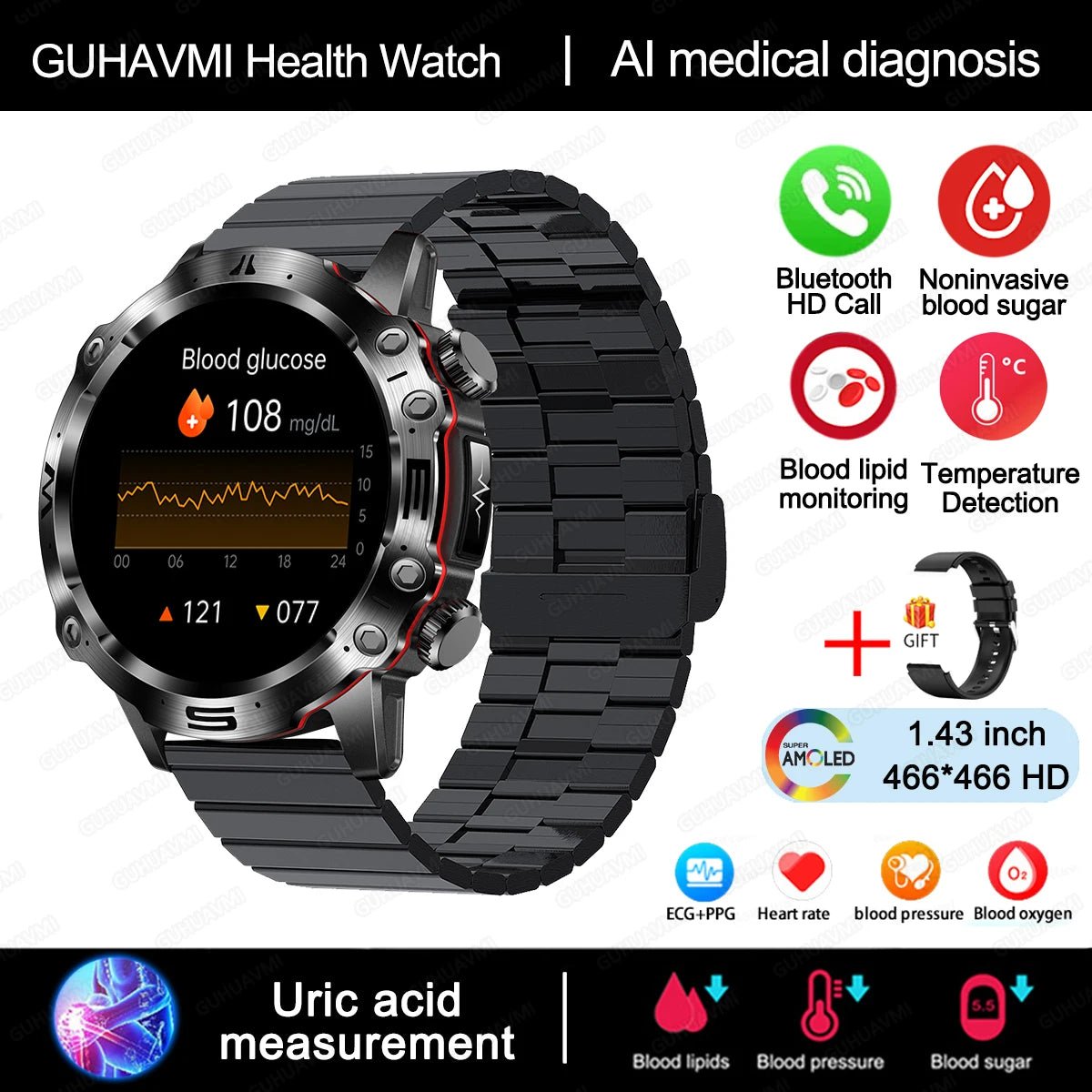 AI Medical Diagnosis Smart Watch Bluetooth Call Blood Sugar Blood - ESTEEMSO.COM