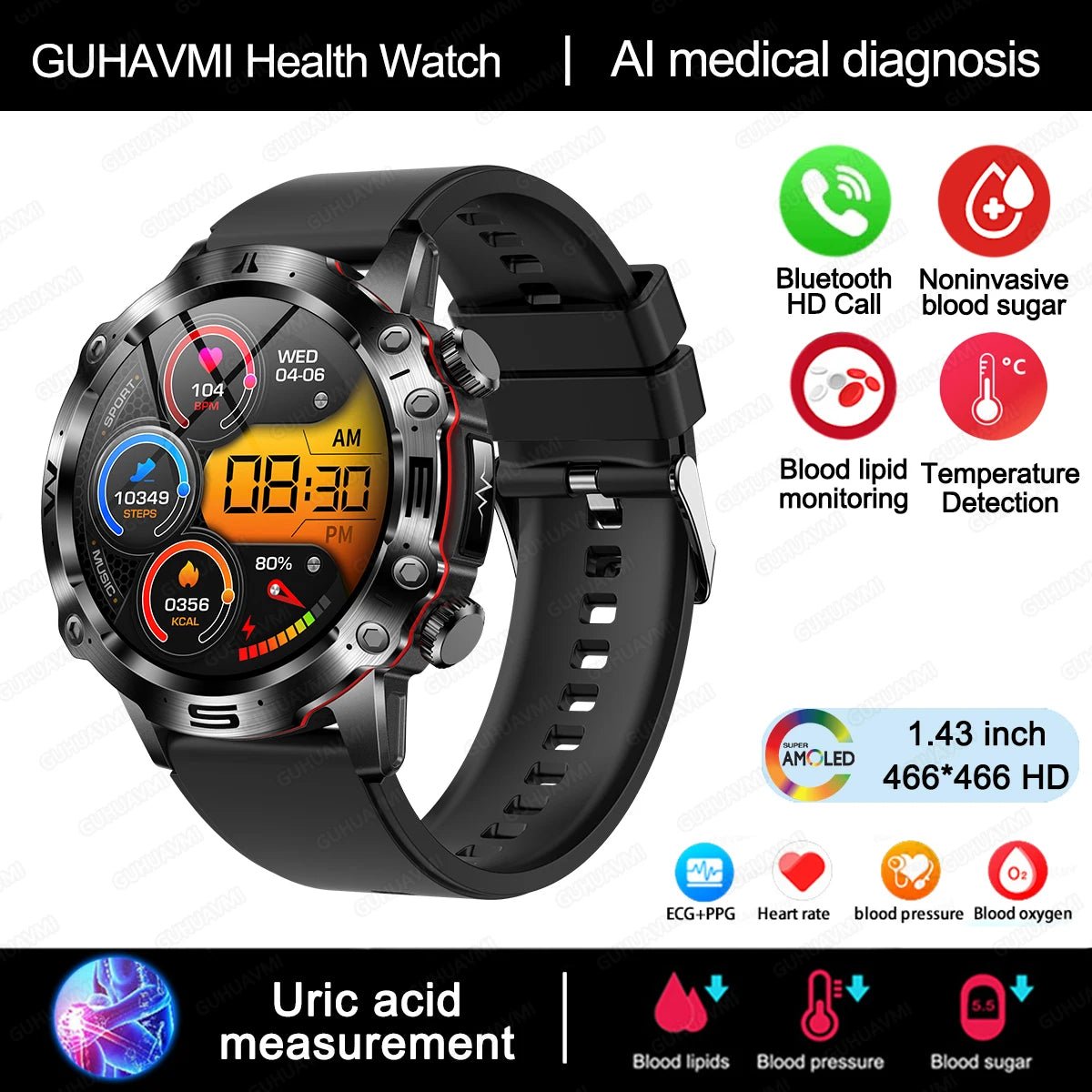 AI Medical Diagnosis Smart Watch Bluetooth Call Blood Sugar Blood - ESTEEMSO.COM