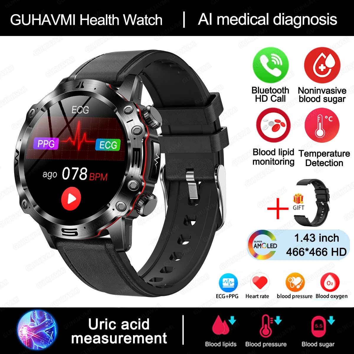 AI Medical Diagnosis Smart Watch Bluetooth Call Blood Sugar Blood - ESTEEMSO.COM