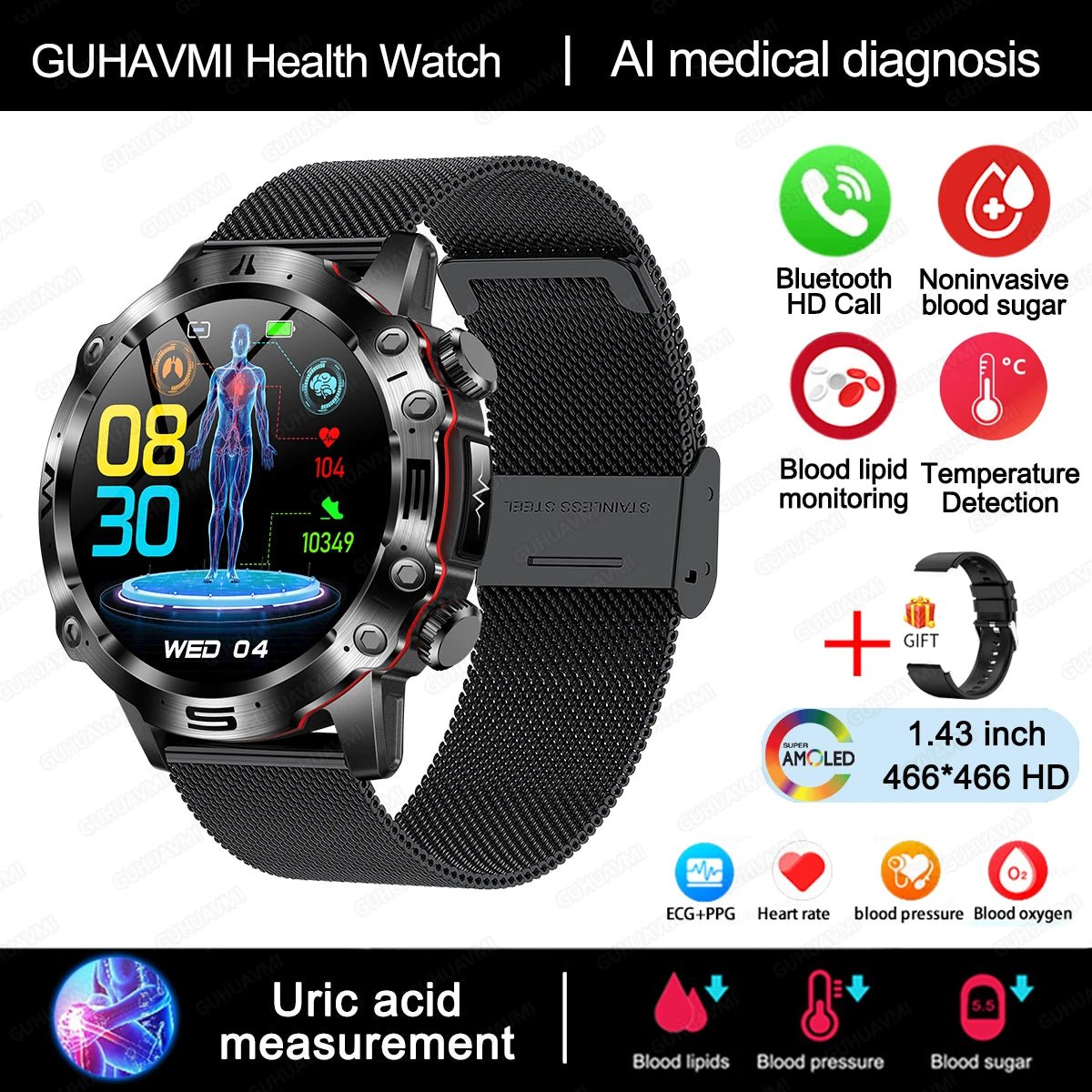 AI Medical Diagnosis Smart Watch Bluetooth Call Blood Sugar Blood - ESTEEMSO.COM