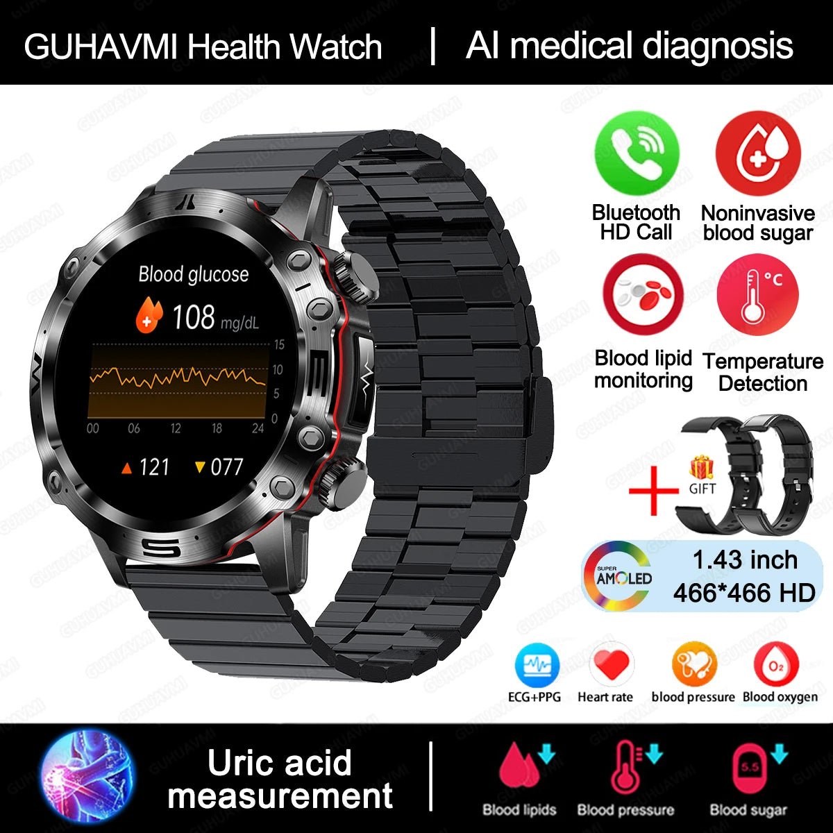 AI Medical Diagnosis Smart Watch Bluetooth Call Blood Sugar Blood - ESTEEMSO.COM