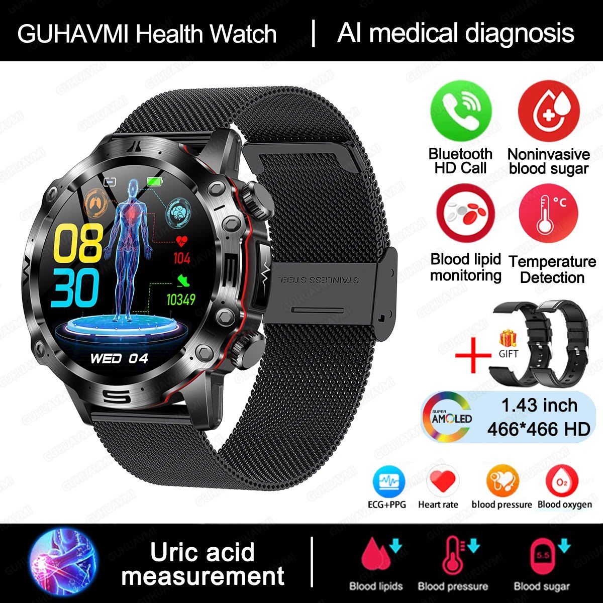 AI Medical Diagnosis Smart Watch Bluetooth Call Blood Sugar Blood - ESTEEMSO.COM