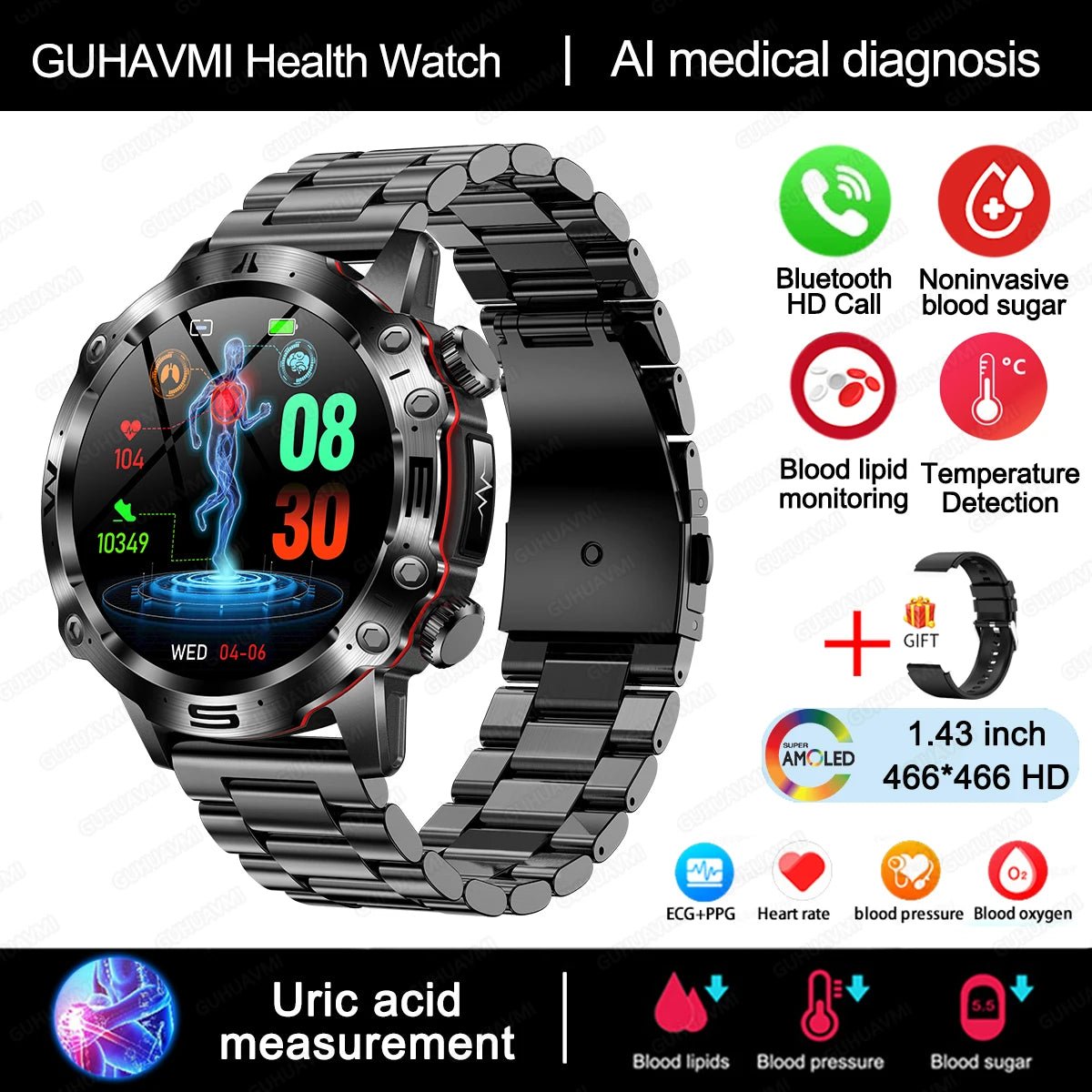 AI Medical Diagnosis Smart Watch Bluetooth Call Blood Sugar Blood - ESTEEMSO.COM