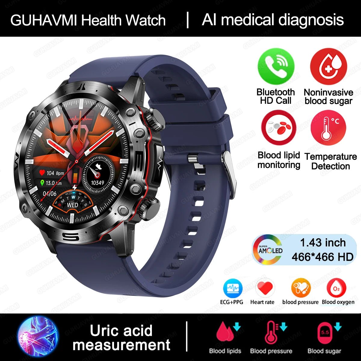 AI Medical Diagnosis Smart Watch Bluetooth Call Blood Sugar Blood - ESTEEMSO.COM