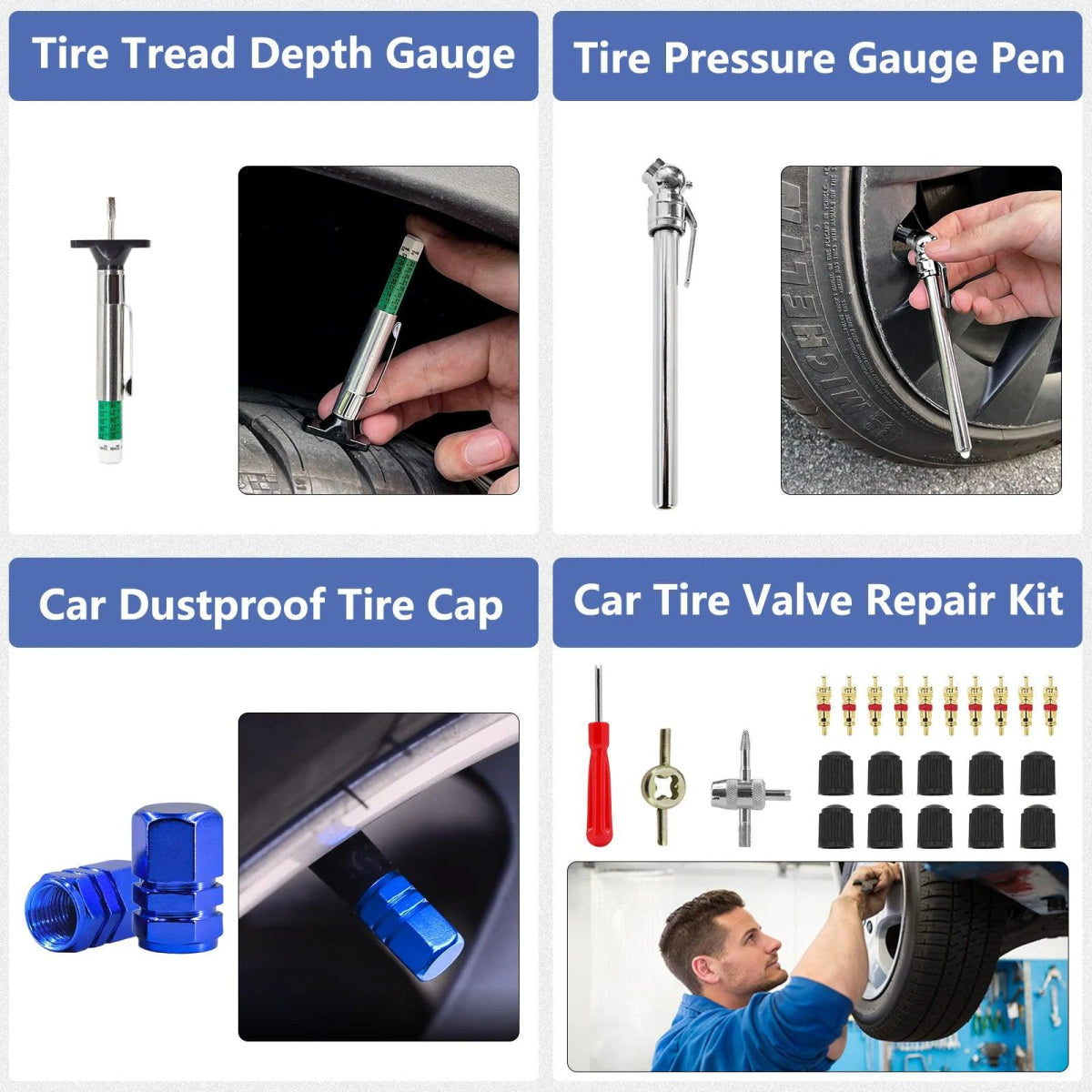 Comprehensive Tire Repair Tool Set – Valve Stem Puller, Tire Valve Cores, Vacuum Repair Nails, 4 - Way Valve Tool, and Dust - Proof Caps - ESTEEMSO.COM