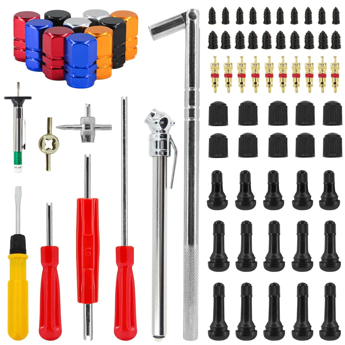 Comprehensive Tire Repair Tool Set – Valve Stem Puller, Tire Valve Cores, Vacuum Repair Nails, 4 - Way Valve Tool, and Dust - Proof Caps - ESTEEMSO.COM