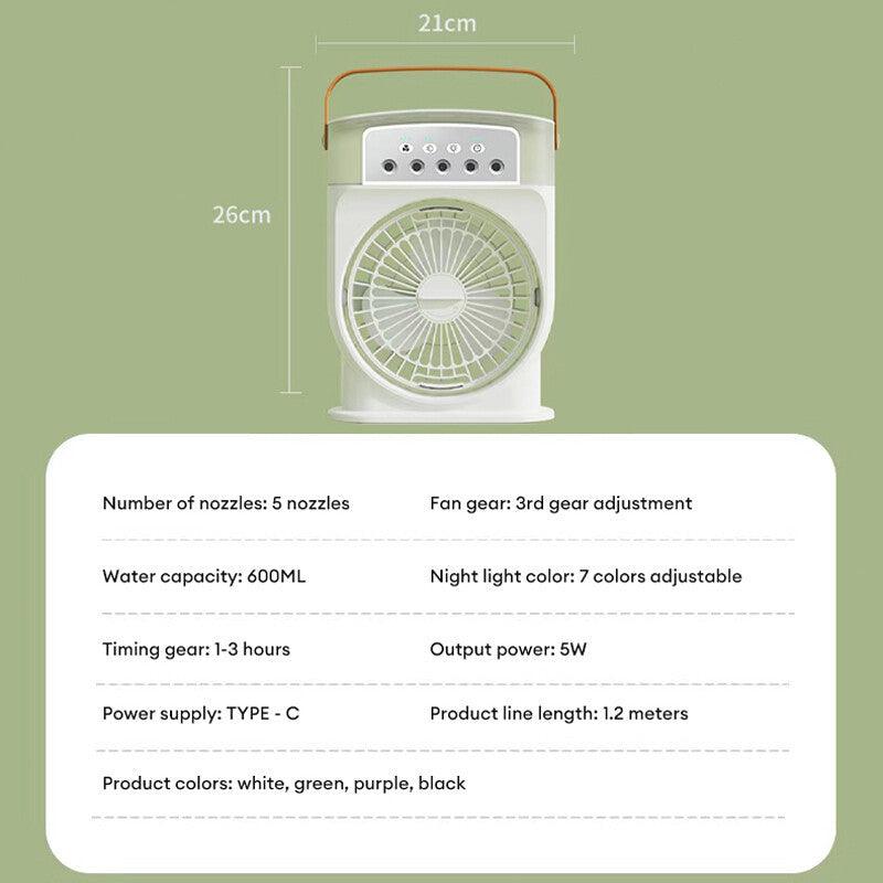 Tragbare USB-Klimaanlage mit Kühlventilator und 5 Sprühmodi, 7-farbigem Licht, 600 ml Wassertank, Sprühnebel, Luftkühler, Luftbefeuchter