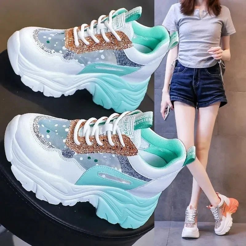 Women's Platform Sneakers – Breathable Mesh, Sequin Patchwork - ESTEEMSO.COM