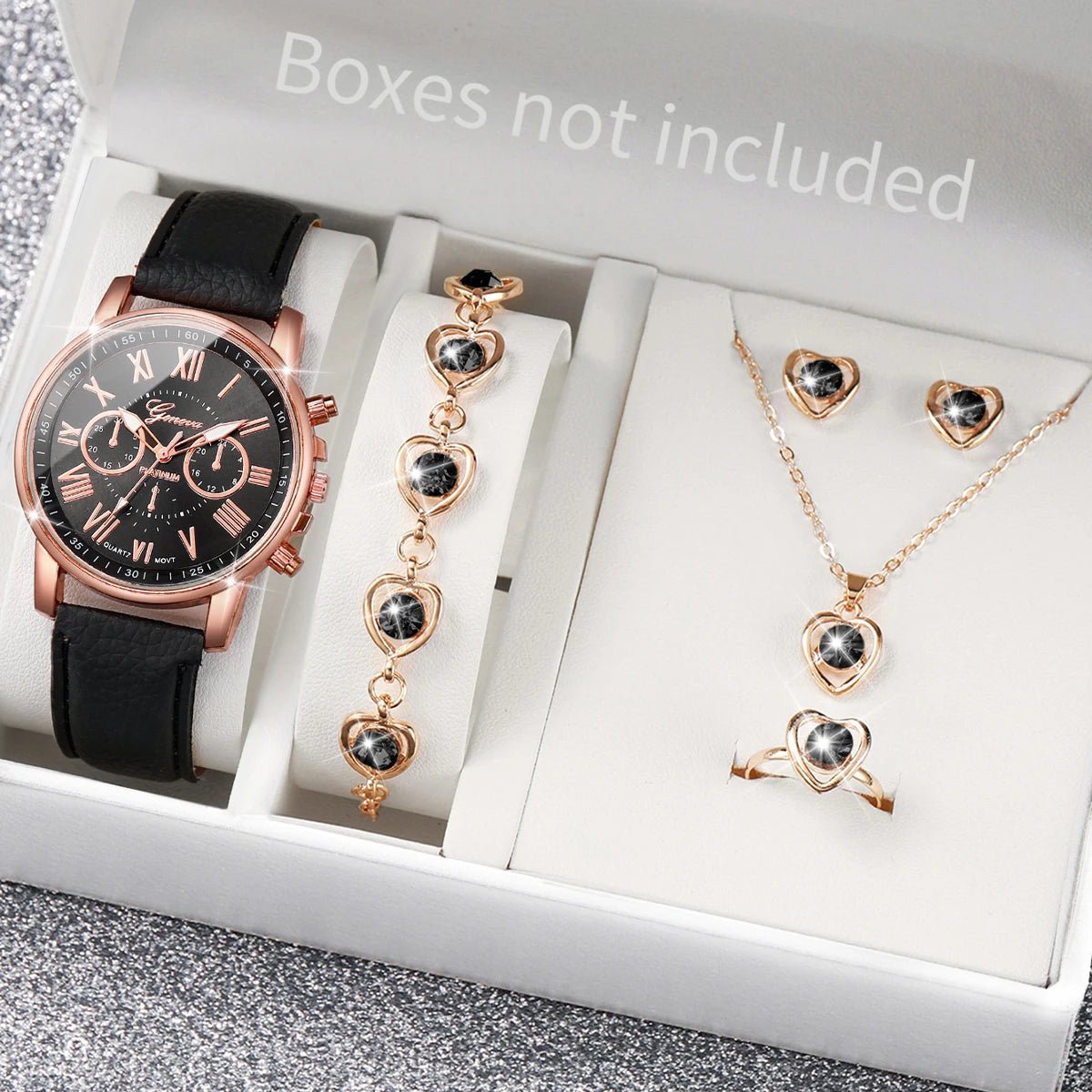 Women's Quartz Watch & Jewelry Set – Leather Band, Roman Numeral - ESTEEMSO.COM