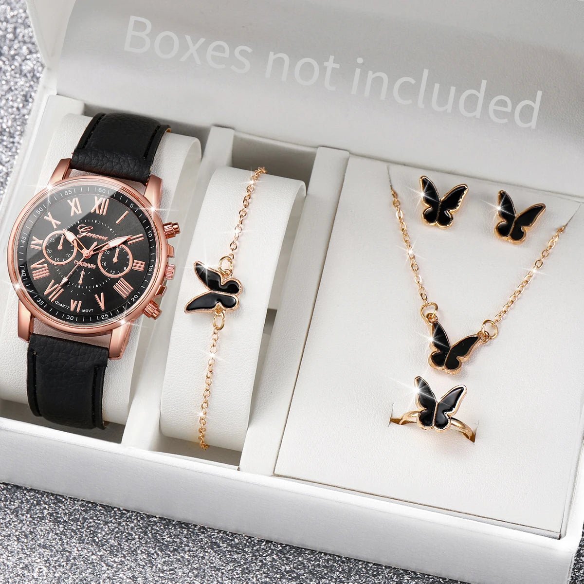 Women's Quartz Watch & Jewelry Set – Leather Band, Roman Numeral - ESTEEMSO.COM