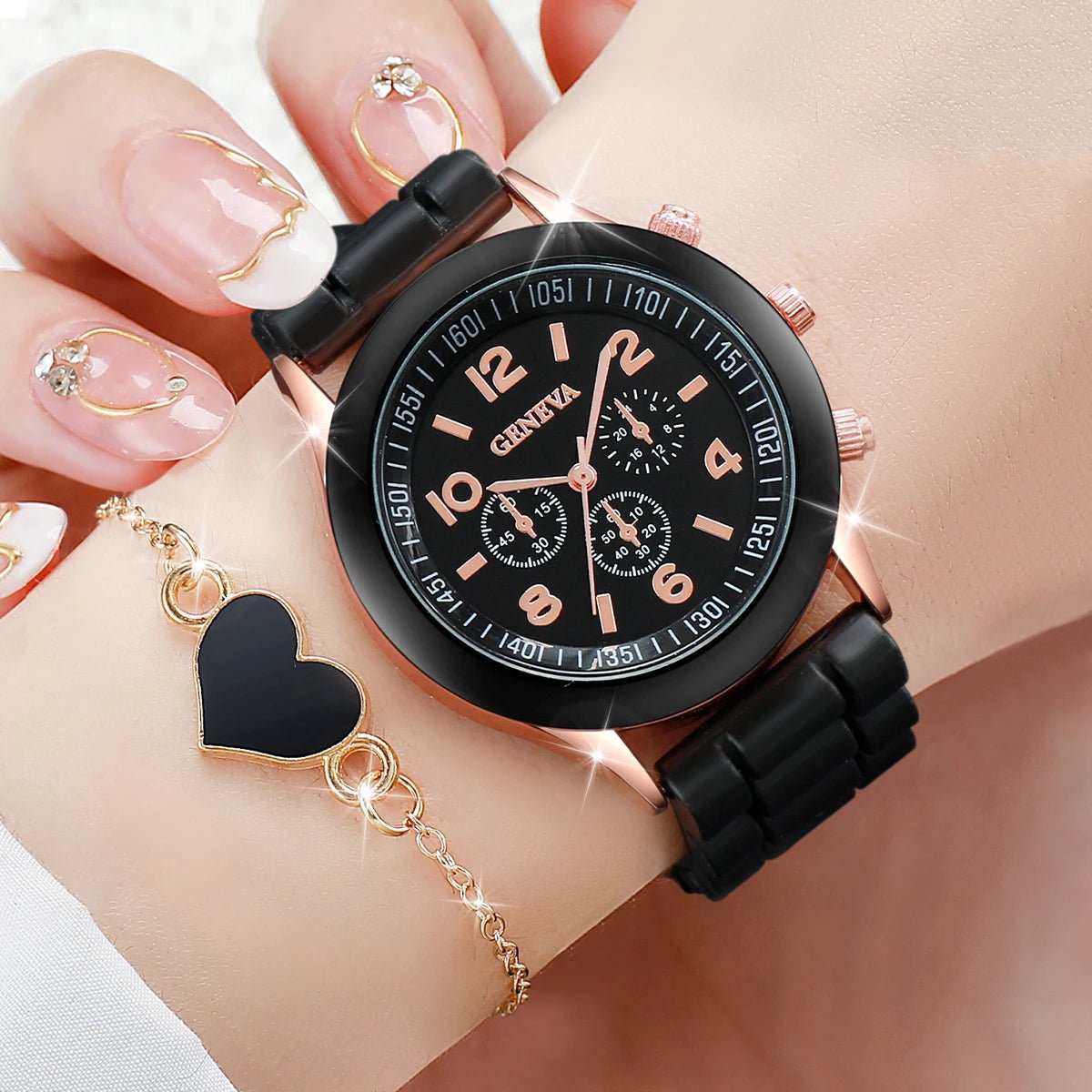 Women's Quartz Watch Jewelry Set – Silicone Band Arabic Numeral - ESTEEMSO.COM